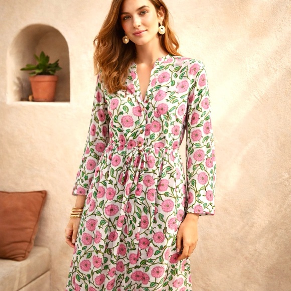 Dzubi Dresses & Skirts - NWT Dzubi Hand Block Printed Maxi Button Down Shirt Dress Womens L Floral Boho
